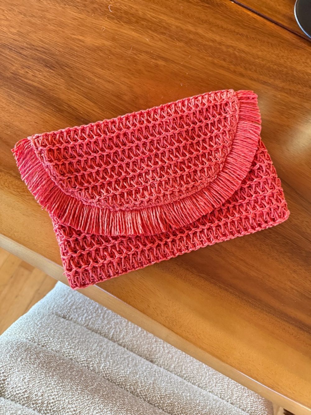 Woven Fringe Envelope Clutch - Coral Pink